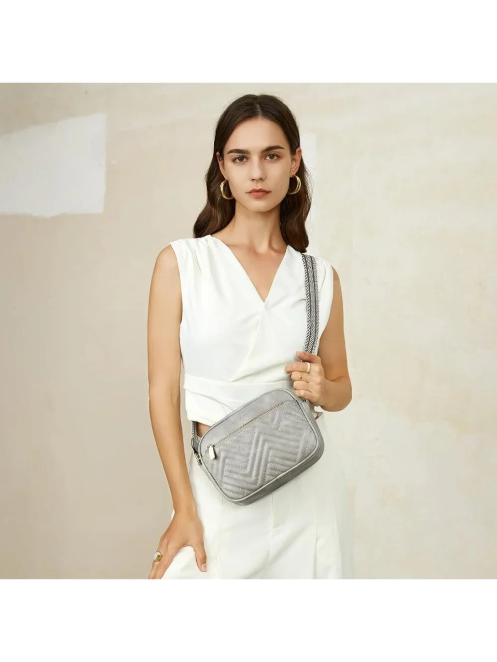 Women's Grey Leather Crossbody Purses Shoulder Handbags with Wide Strap